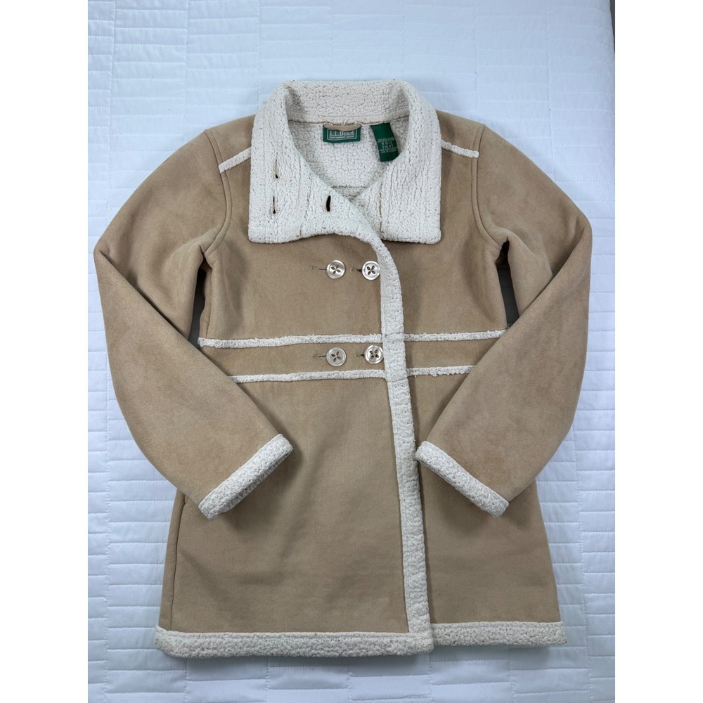 Vintage LL Bean Tan Faux Suede Sherpa Lined Jacket Coat Double Breasted M